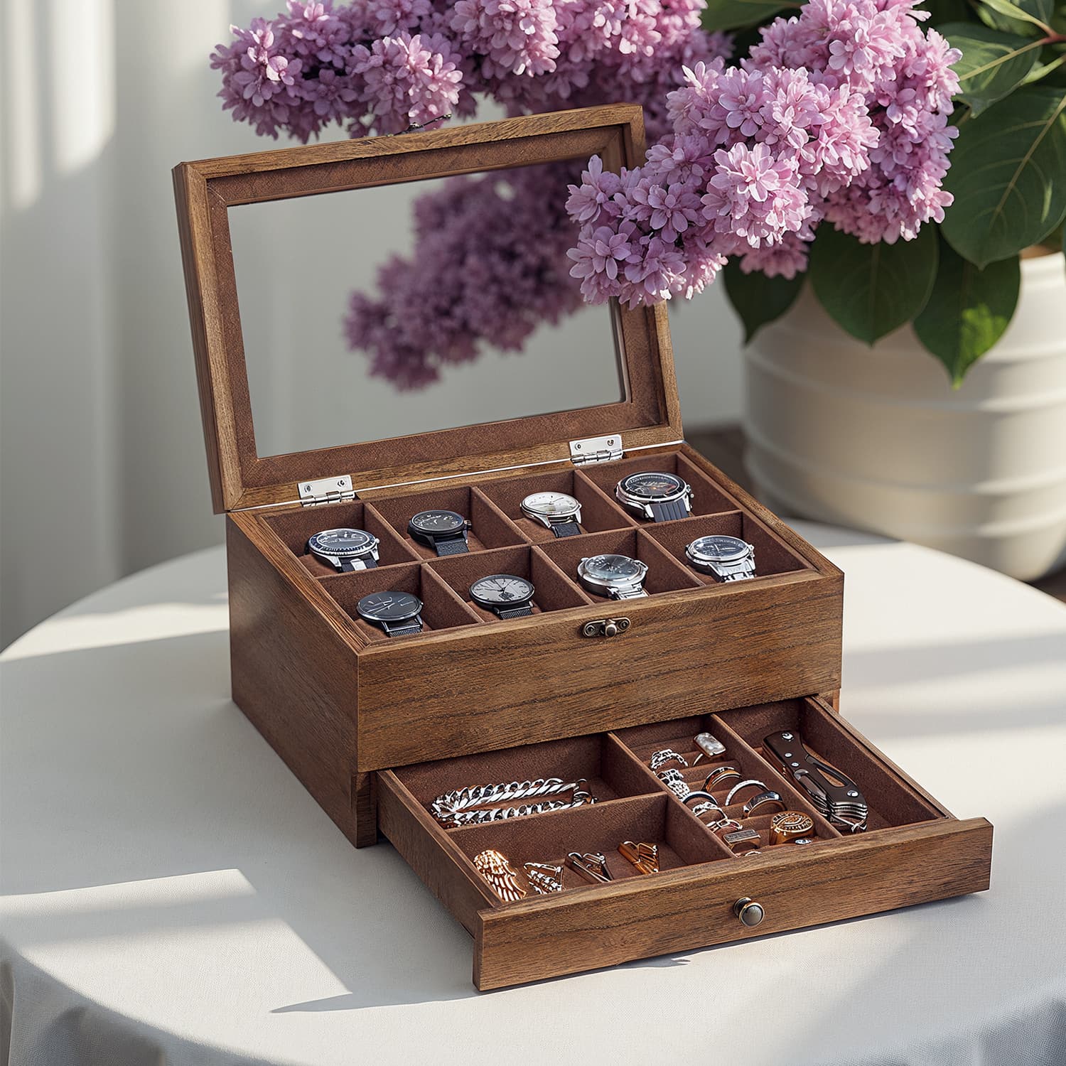 Watch Box Organizer – Solid Wood – Rustic Walnut – 2-Layer Design with Glass Lid and 8 Slots