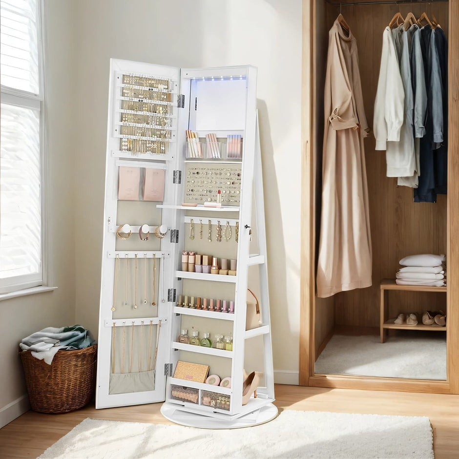 360° Rotating Jewellery Cabinet – Wood – White with Greige – Lockable with Full-Length Mirror and Multiple Storage Shelves