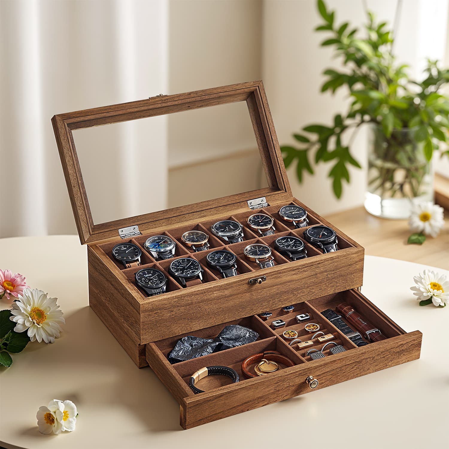 Watch Box – Wood – Rustic Walnut – 12-Slot, 2-Tier with Glass Lid and Velvet Lining