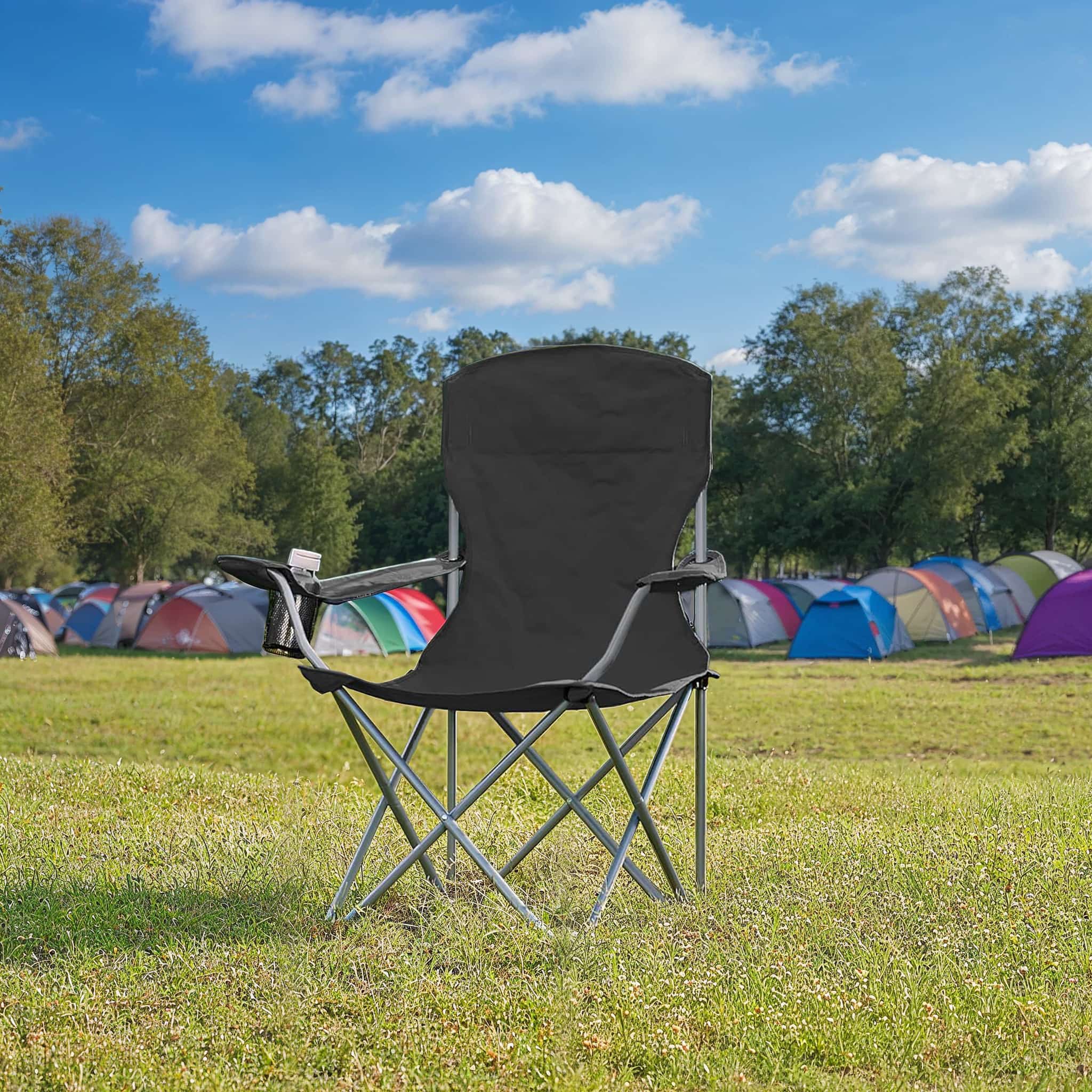 Set of 2 Heavy-Duty Folding Camping Chairs – Metal – Black – with Cup Holder
