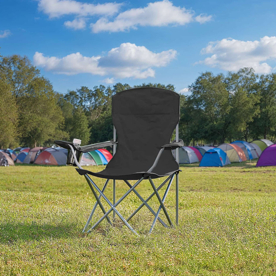 Set of 2 Heavy-Duty Folding Camping Chairs – Metal – Black – with Cup Holder