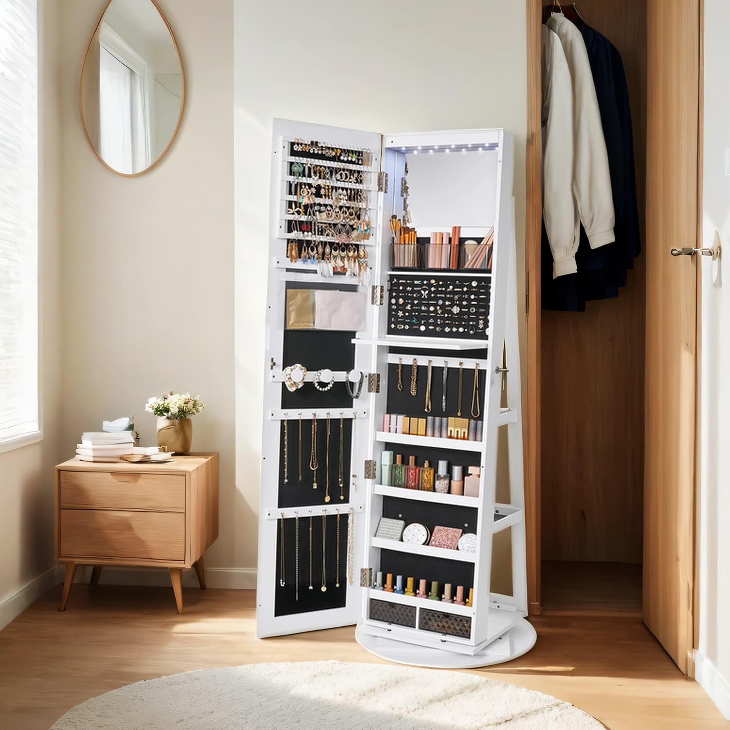 Lockable Jewellery Cabinet – Wood – White and Black – 360° Rotating with Full-Length Mirror and Storage Shelves