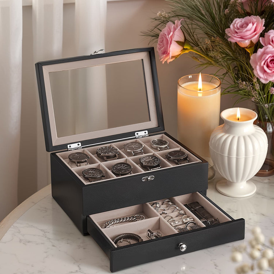 Wood Watch Box – Solid Wood – Rustic Walnut – 2-Tier Design with Glass Lid and 8 Slots