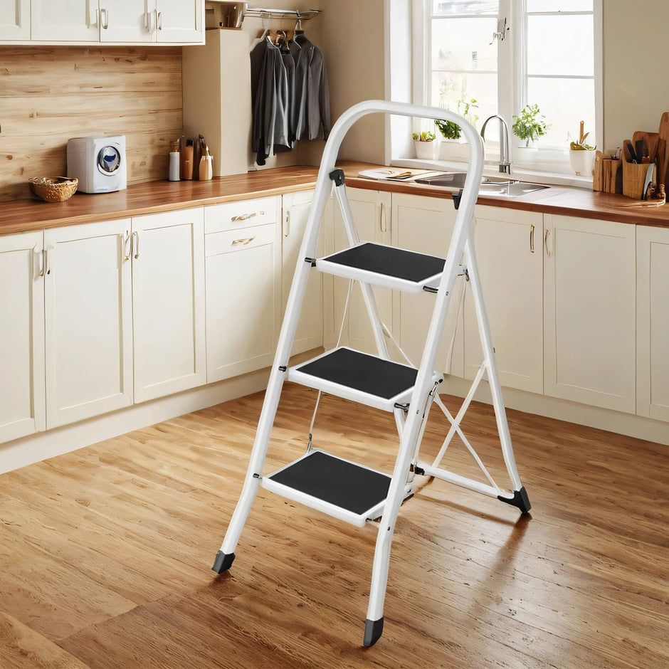 3 Step Ladder – Heavy Duty Steel – Folding and Portable – Anti-Slip Mat, Max Load Capacity 150 kg