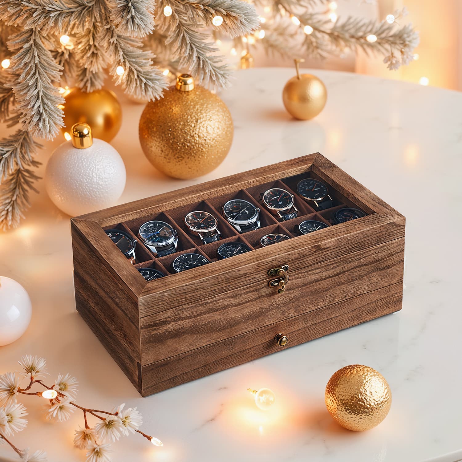 Watch Box – Wood – Rustic Walnut – 12-Slot, 2-Tier with Glass Lid and Velvet Lining
