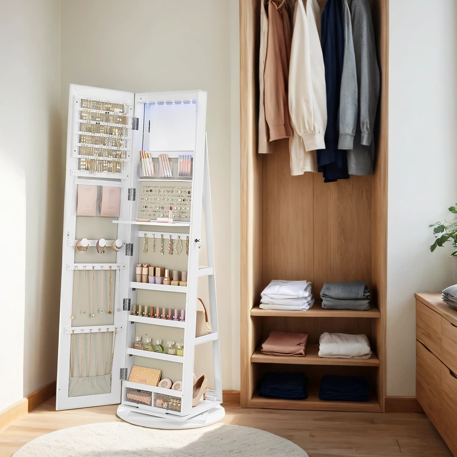 360° Rotating Jewellery Cabinet – Wood – White with Greige – Lockable with Full-Length Mirror and Multiple Storage Shelves