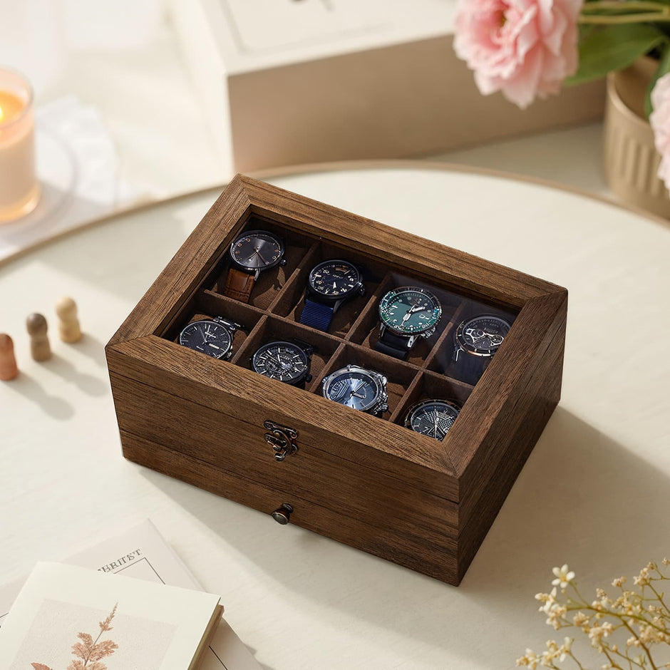 Watch Box Organizer – Solid Wood – Rustic Walnut – 2-Layer Design with Glass Lid and 8 Slots