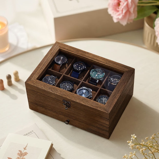 Watch Box Organizer – Solid Wood – Rustic Walnut – 2-Layer Design with Glass Lid and 8 Slots