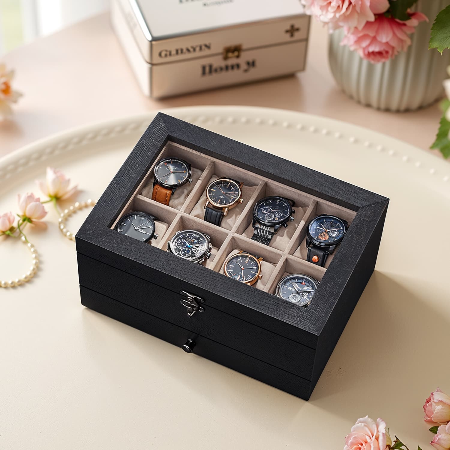 Wood Watch Box – Solid Wood – Rustic Walnut – 2-Tier Design with Glass Lid and 8 Slots