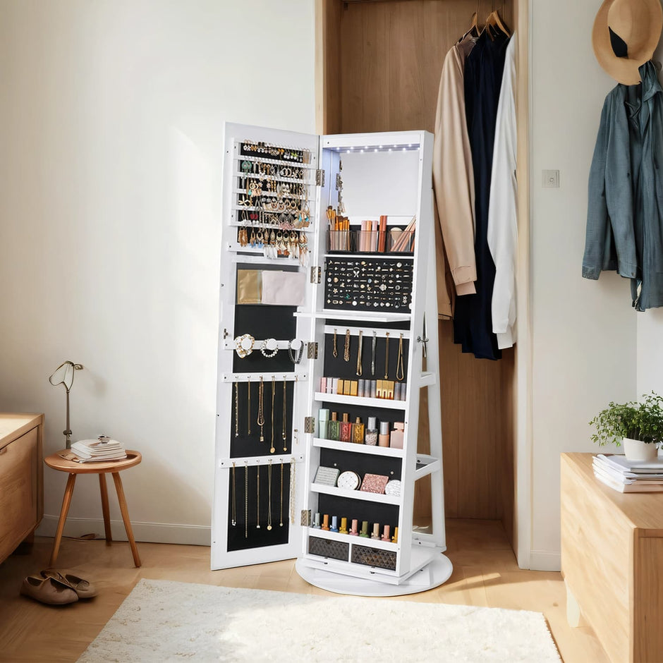 Lockable Jewellery Cabinet – Wood – White and Black – 360° Rotating with Full-Length Mirror and Storage Shelves