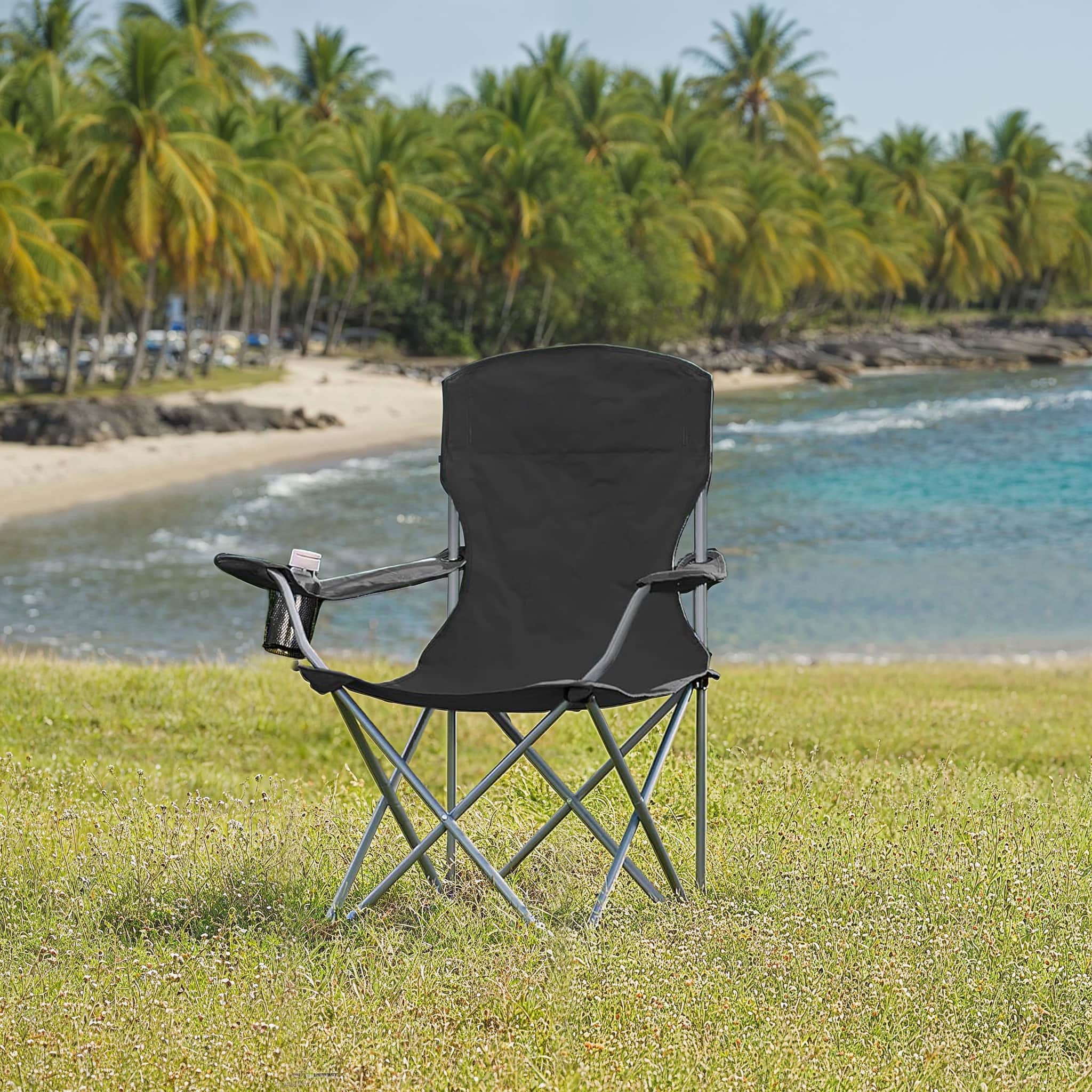 Set of 2 Heavy-Duty Folding Camping Chairs – Metal – Black – with Cup Holder