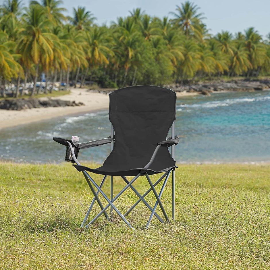 Set of 2 Heavy-Duty Folding Camping Chairs – Metal – Black – with Cup Holder