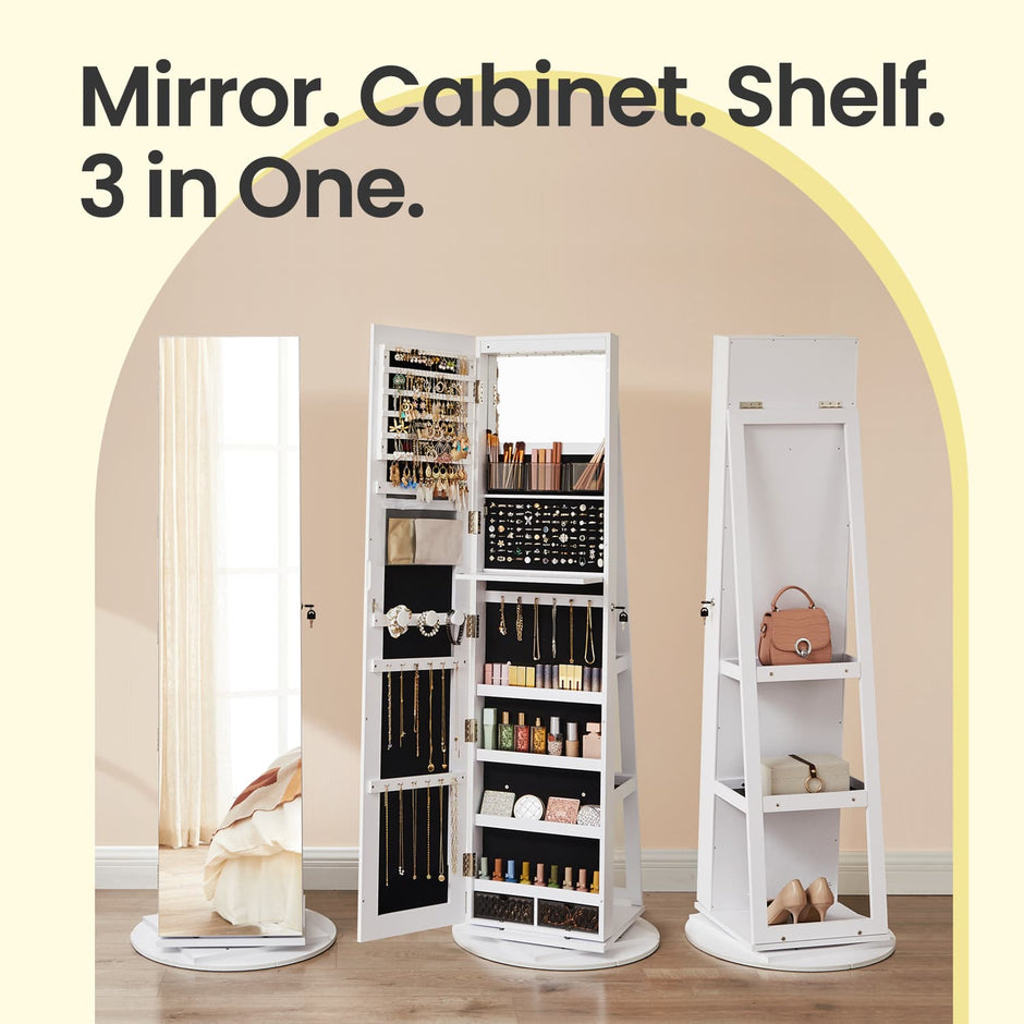 360° Rotating Jewellery Cabinet – Wood – White with Greige – Lockable with Full-Length Mirror and Multiple Storage Shelves