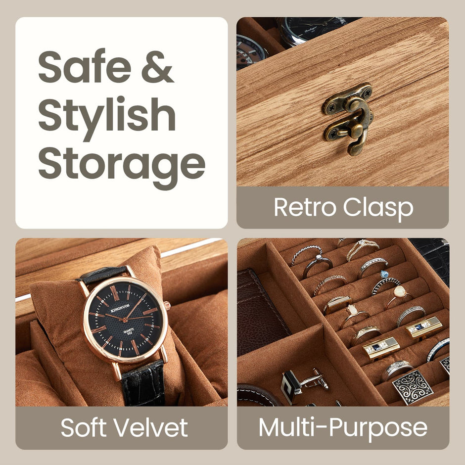 Watch Box Organizer – Solid Wood – Rustic Walnut – 2-Layer Design with Glass Lid and 8 Slots