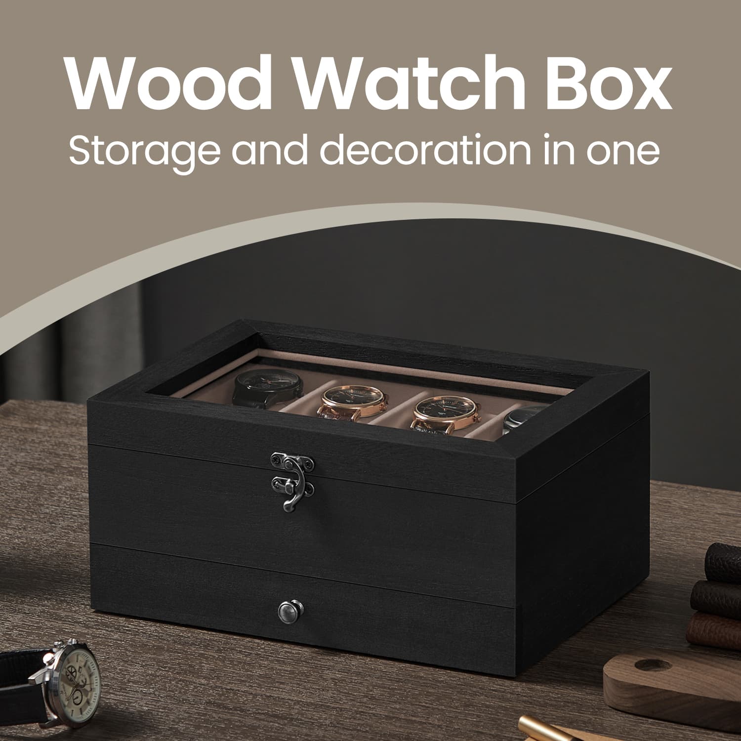 Wood Watch Box – Solid Wood – Rustic Walnut – 2-Tier Design with Glass Lid and 8 Slots
