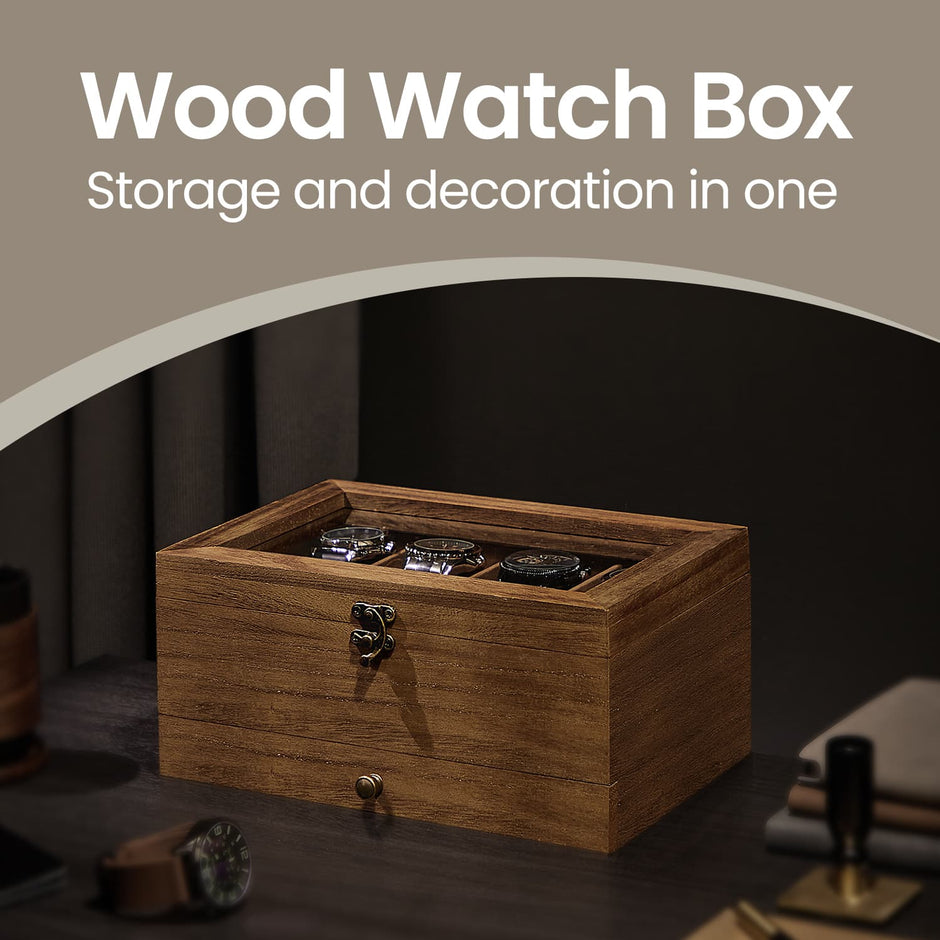 Watch Box Organizer – Solid Wood – Rustic Walnut – 2-Layer Design with Glass Lid and 8 Slots