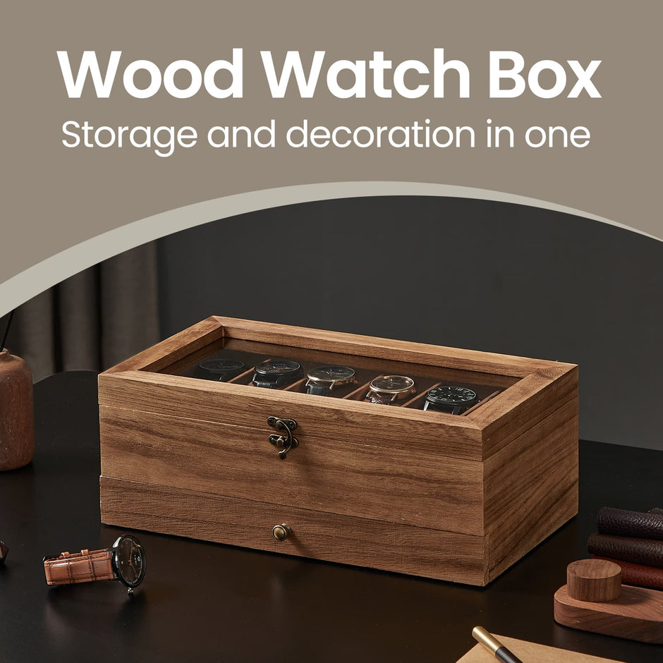 Watch Box – Wood – Rustic Walnut – 12-Slot, 2-Tier with Glass Lid and Velvet Lining