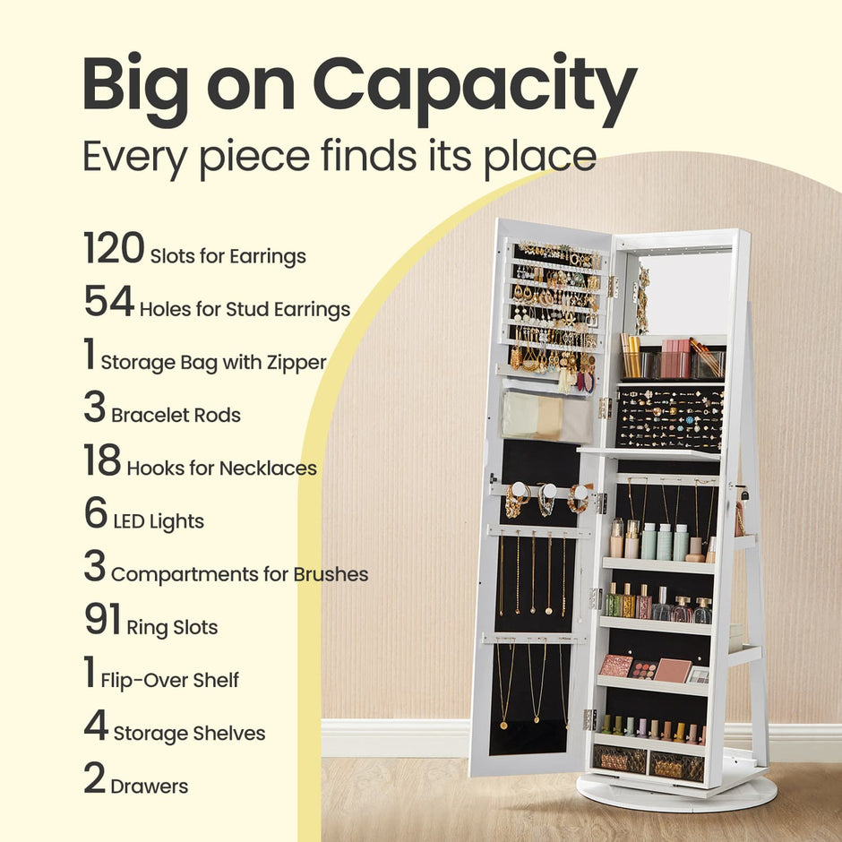 Lockable Jewellery Cabinet – Wood – White and Black – 360° Rotating with Full-Length Mirror and Storage Shelves