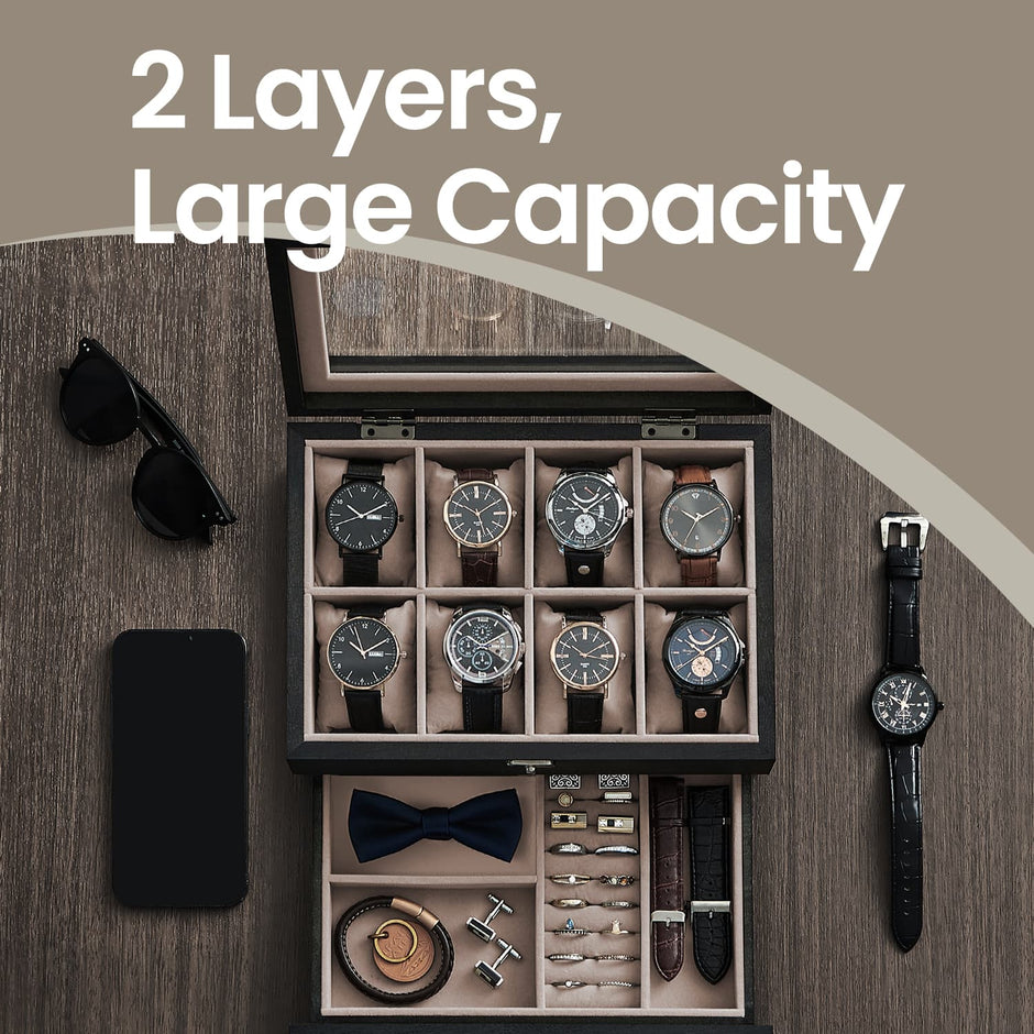 Wood Watch Box – Solid Wood – Rustic Walnut – 2-Tier Design with Glass Lid and 8 Slots