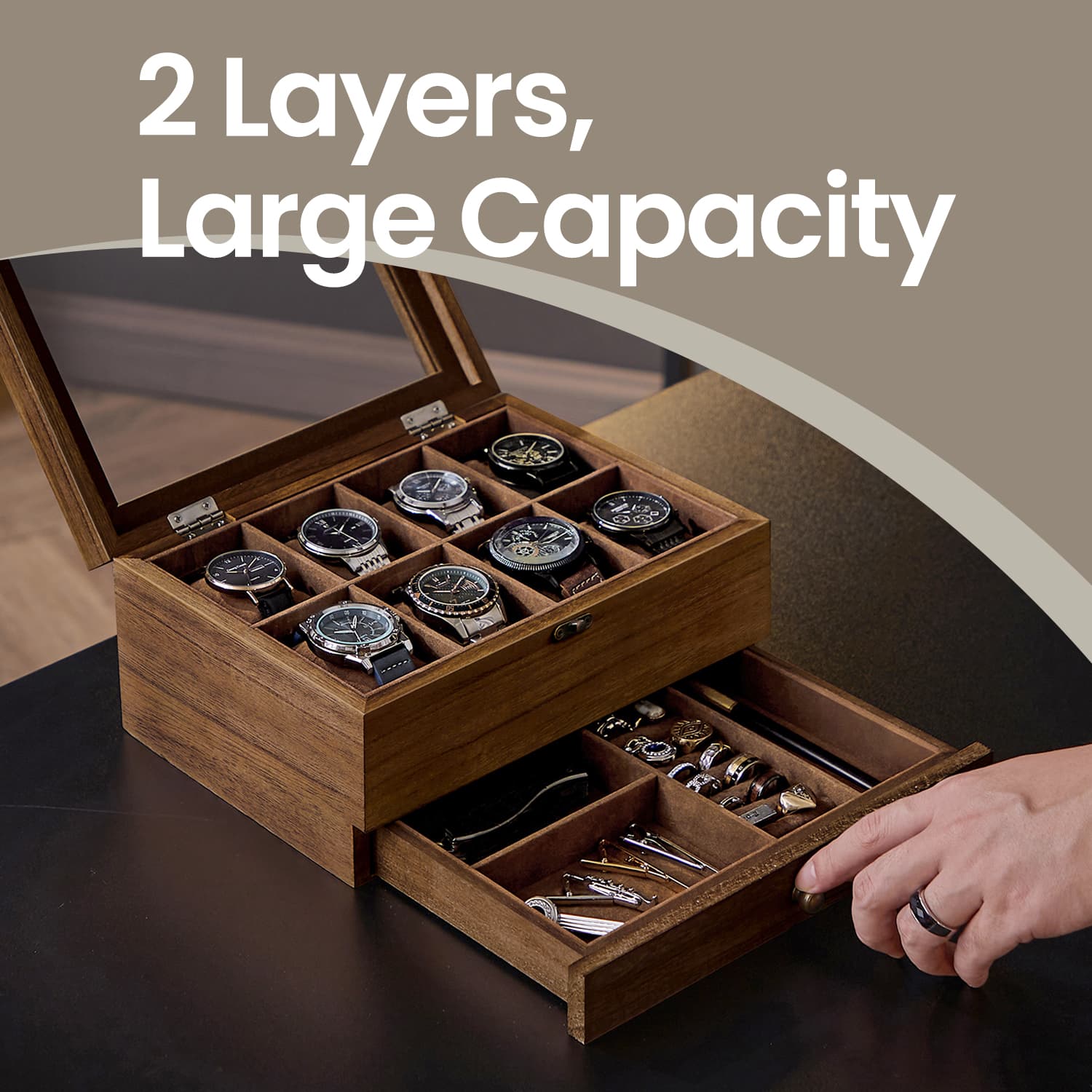 Watch Box Organizer – Solid Wood – Rustic Walnut – 2-Layer Design with Glass Lid and 8 Slots