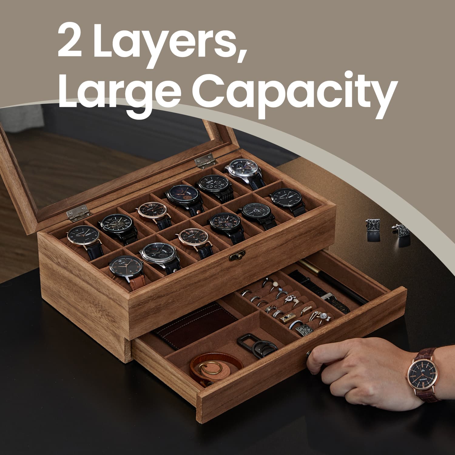 Watch Box – Wood – Rustic Walnut – 12-Slot, 2-Tier with Glass Lid and Velvet Lining