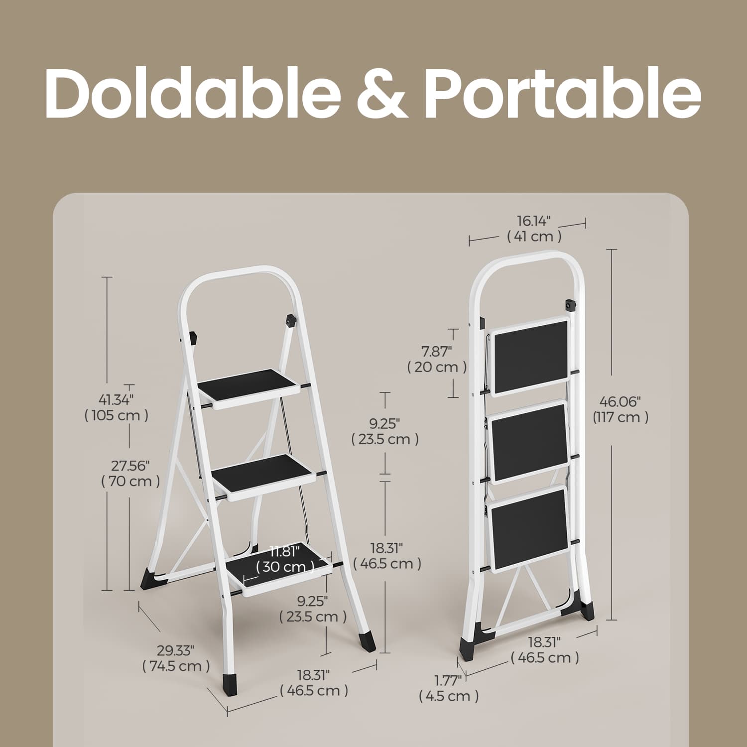 3 Step Ladder – Heavy Duty Steel – Folding and Portable – Anti-Slip Mat, Max Load Capacity 150 kg
