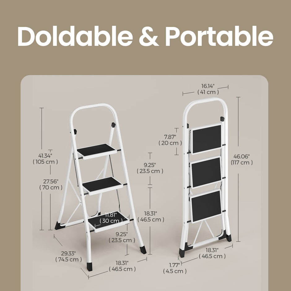 3 Step Ladder – Heavy Duty Steel – Folding and Portable – Anti-Slip Mat, Max Load Capacity 150 kg