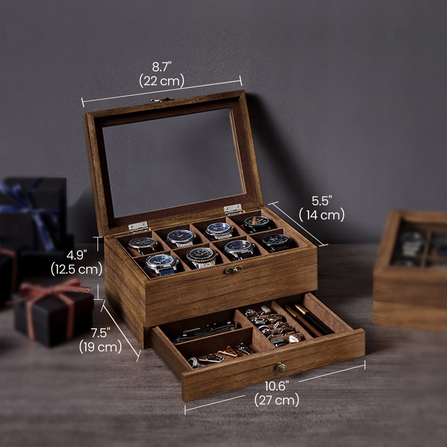 Watch Box Organizer – Solid Wood – Rustic Walnut – 2-Layer Design with Glass Lid and 8 Slots