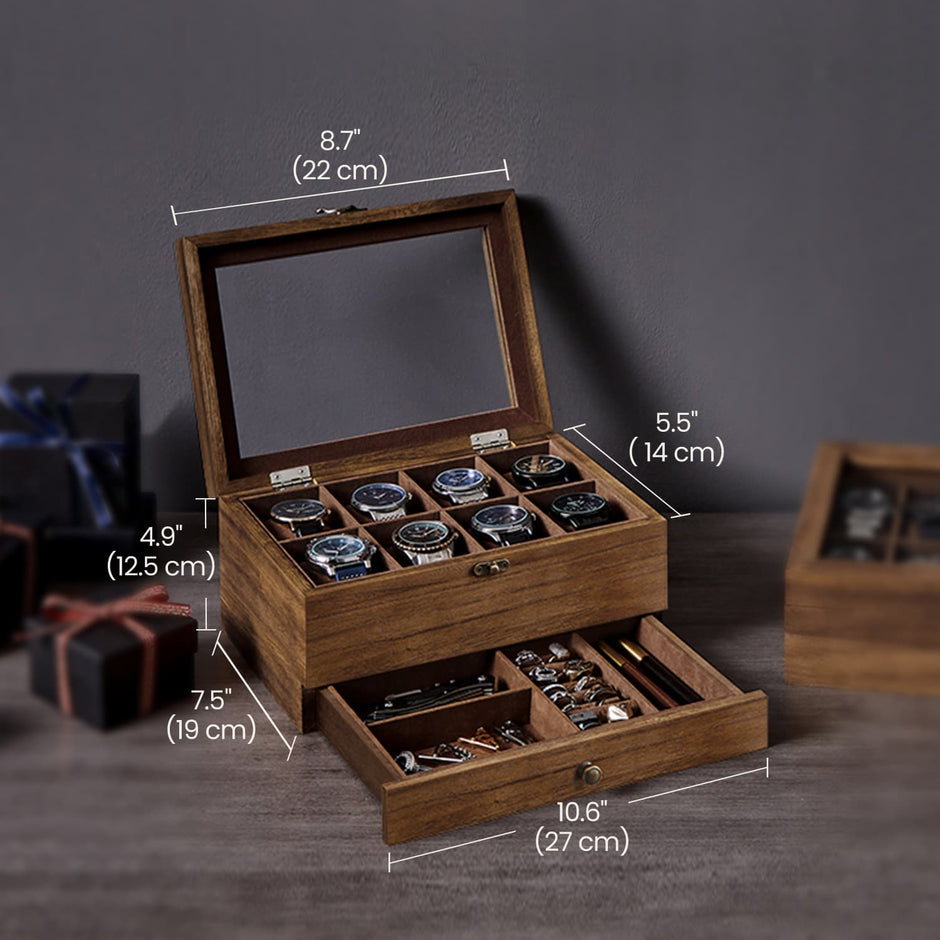 Watch Box Organizer – Solid Wood – Rustic Walnut – 2-Layer Design with Glass Lid and 8 Slots