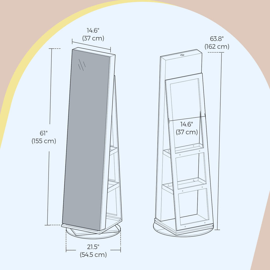 360° Rotating Jewellery Cabinet – Wood – White with Greige – Lockable with Full-Length Mirror and Multiple Storage Shelves