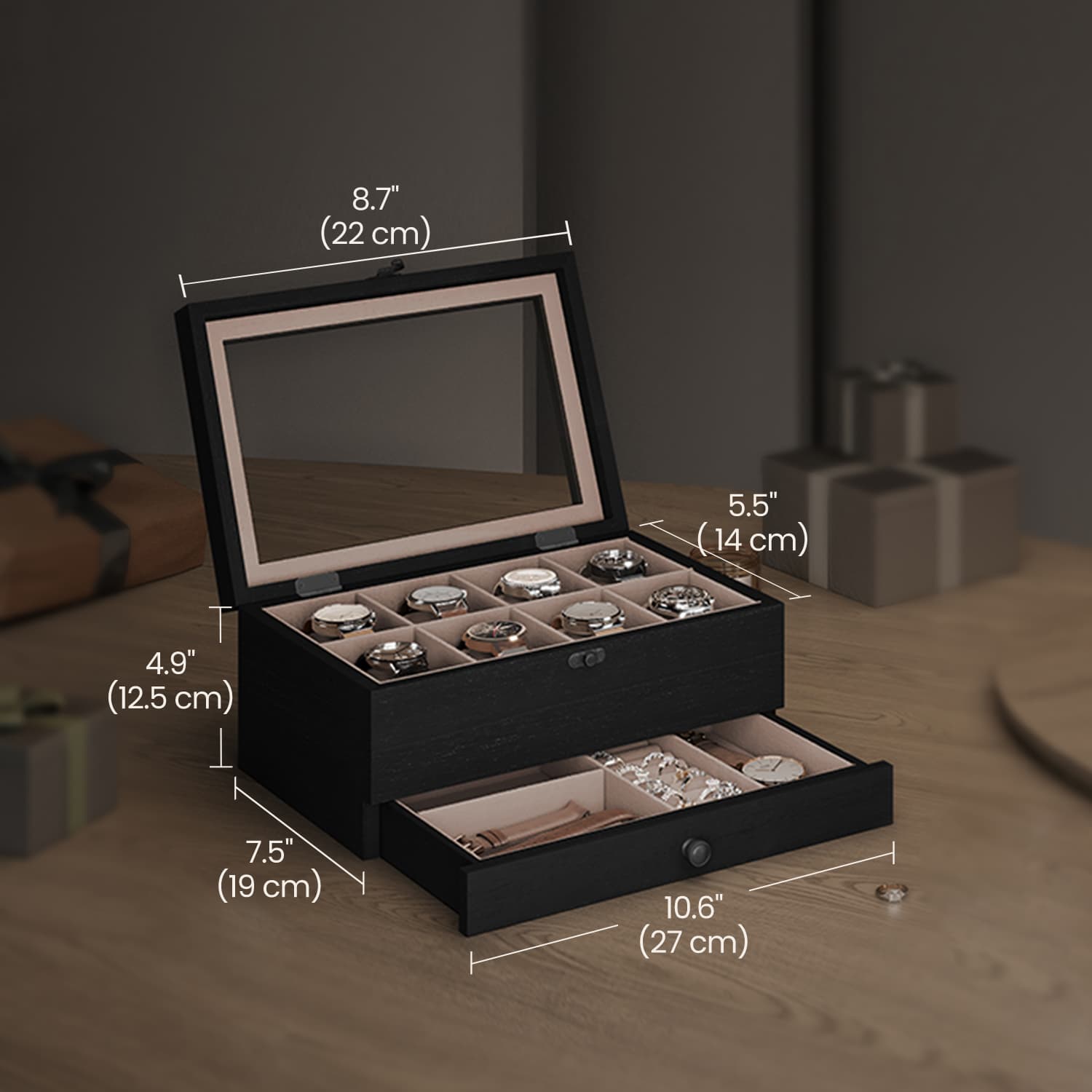 Wood Watch Box – Solid Wood – Rustic Walnut – 2-Tier Design with Glass Lid and 8 Slots