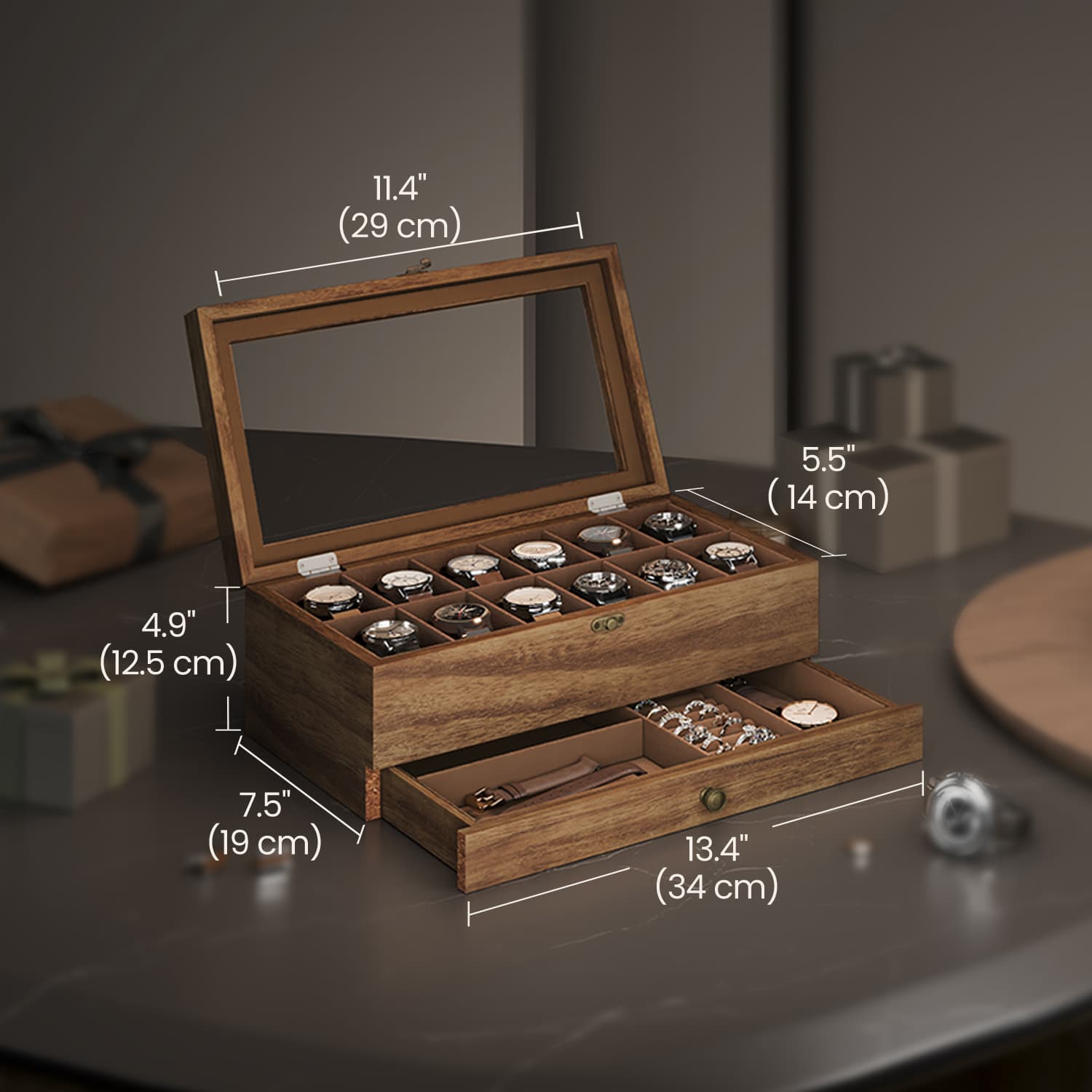 Watch Box – Wood – Rustic Walnut – 12-Slot, 2-Tier with Glass Lid and Velvet Lining