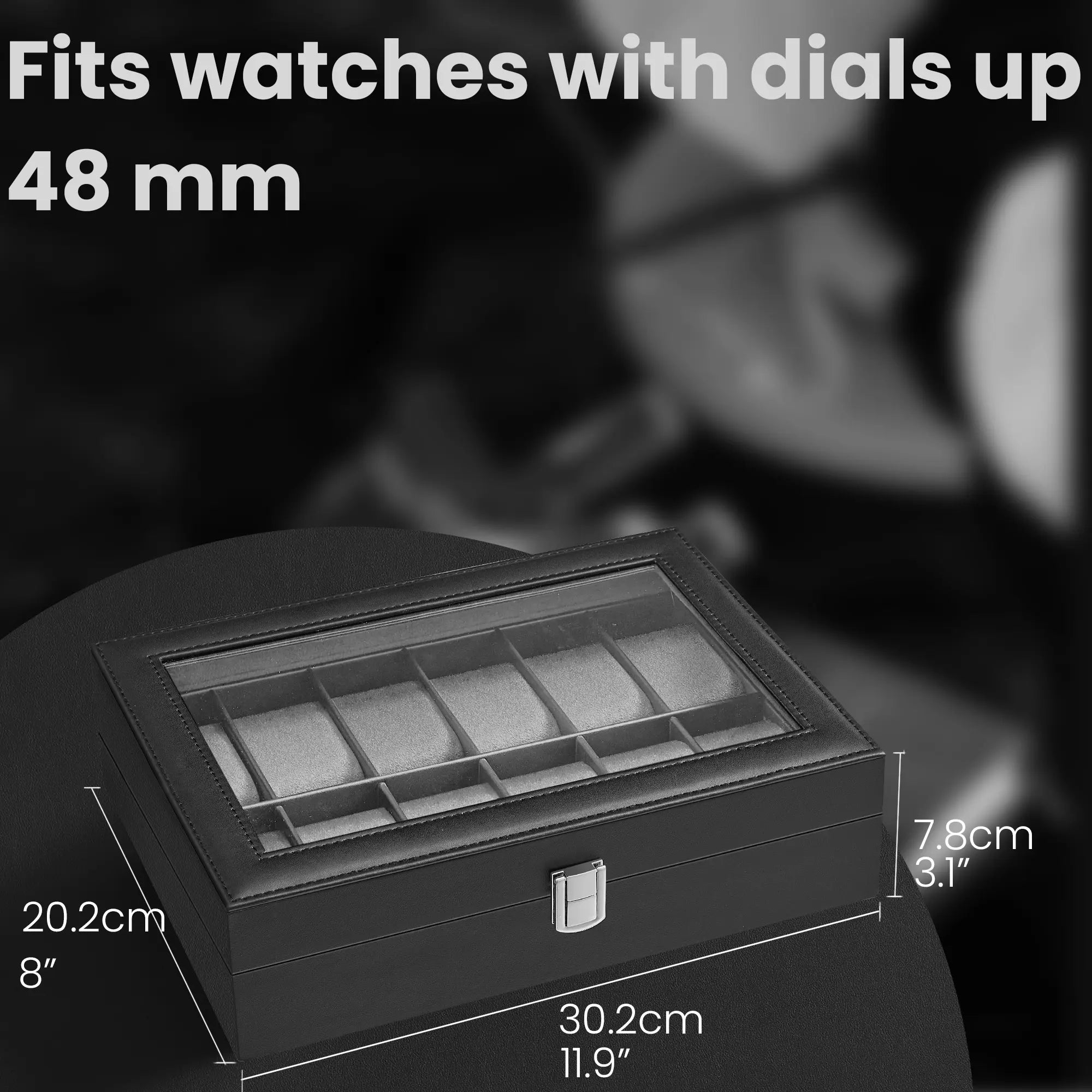 12-Slot Watch Box Organizer – Synthetic Leather – Black with Greenish Grey Lining – Large Glass Lid and Removable Watch Pillows