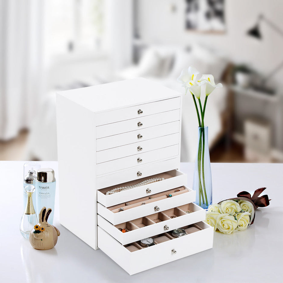Jewellery Box – Faux Leather – White – Extra Large 10-Layer Storage with Drawer