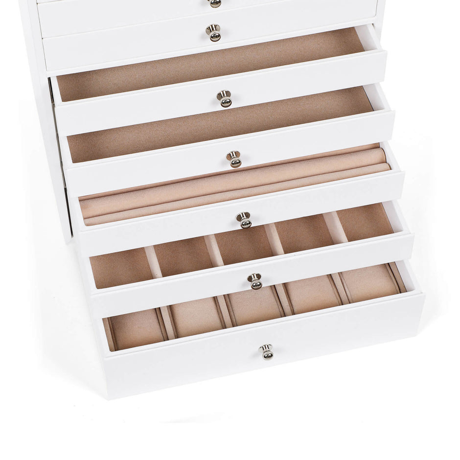 Jewellery Box – Faux Leather – White – Extra Large 10-Layer Storage with Drawer