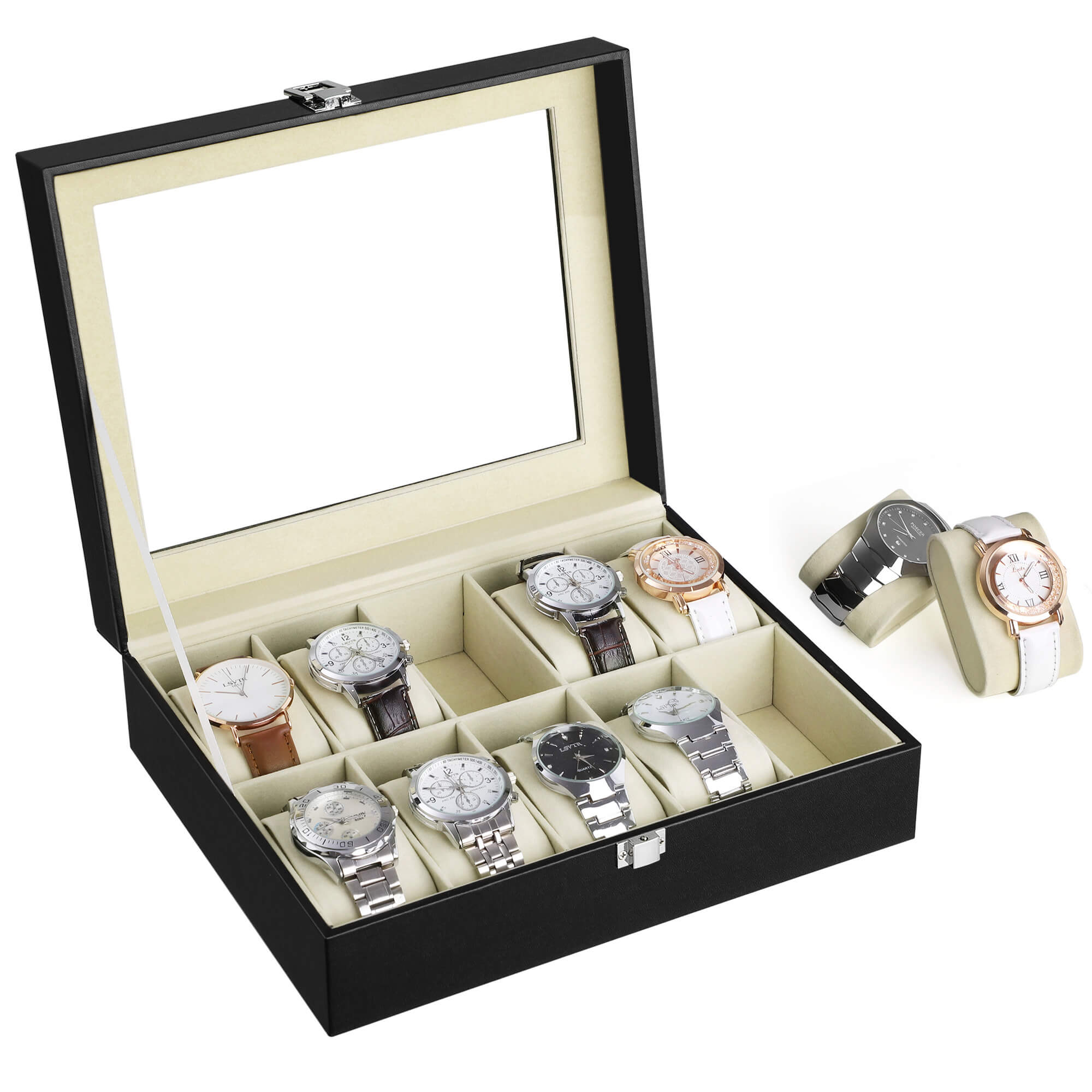 Watch Box – Glass – Multiple Colors – Lockable 10-Slot Display Case