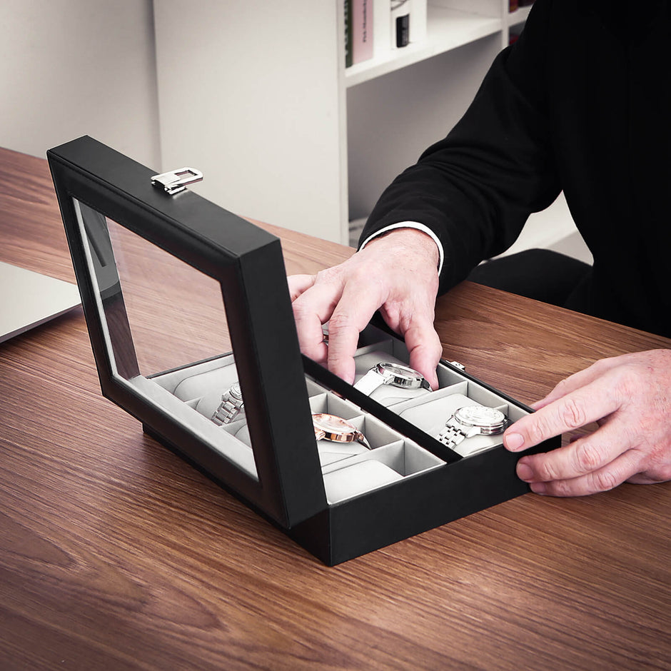 Watch Box – Glass – Multiple Colors – Lockable 10-Slot Display Case