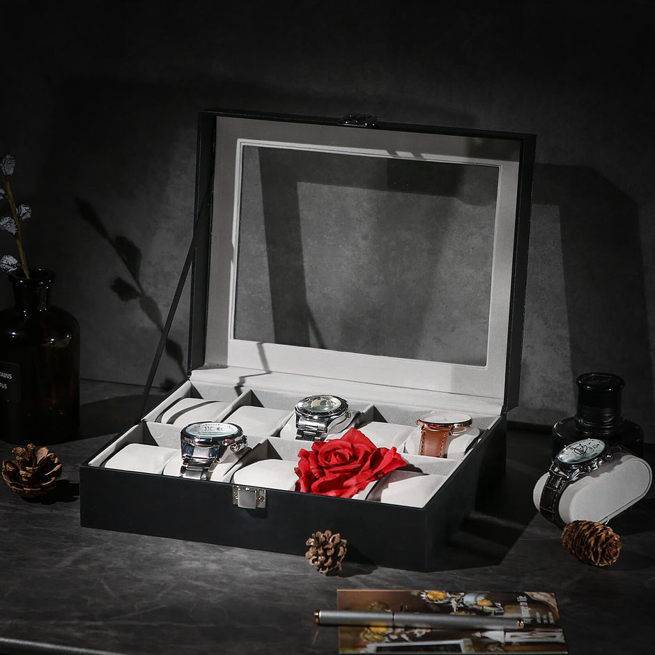 Watch Box – Glass – Multiple Colors – Lockable 10-Slot Display Case
