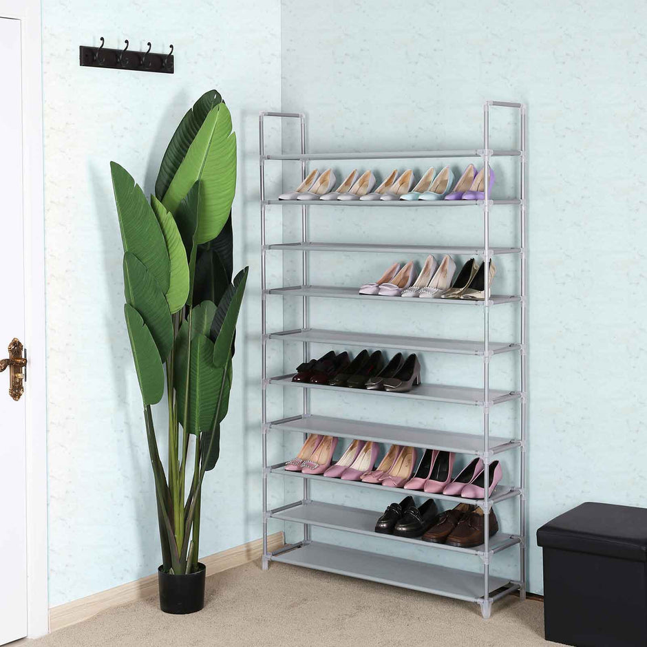 10-Tier Shoe Rack – Fabric – Grey – Holds Up to 50 Pairs of Shoes