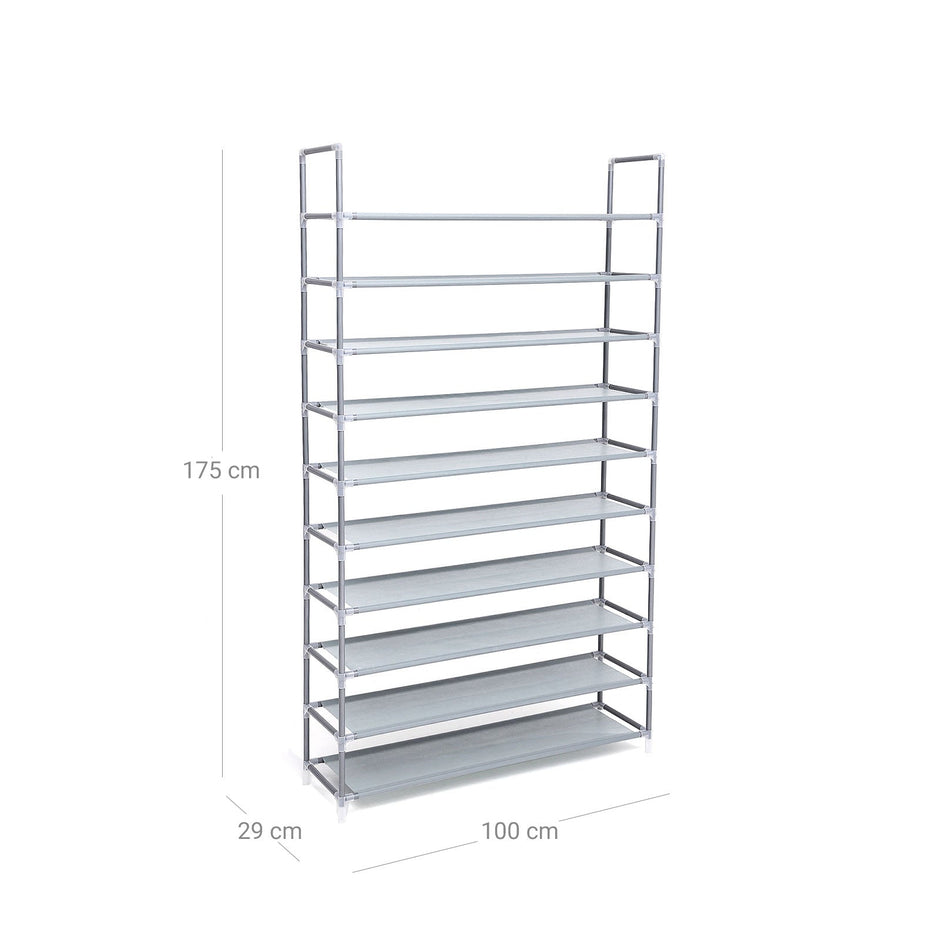 10-Tier Shoe Rack – Fabric – Grey – Holds Up to 50 Pairs of Shoes