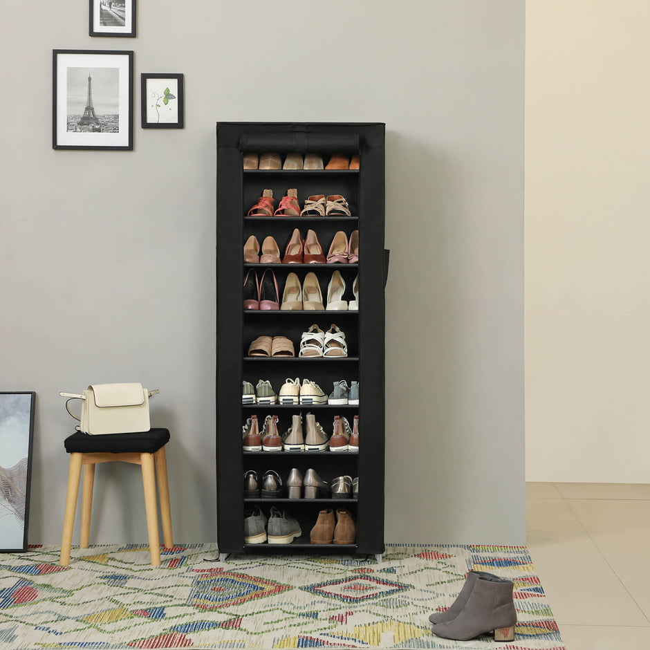 Shoe Rack – Fabric and Metal – Black – 10 Tiers for 27 Pairs of Shoes