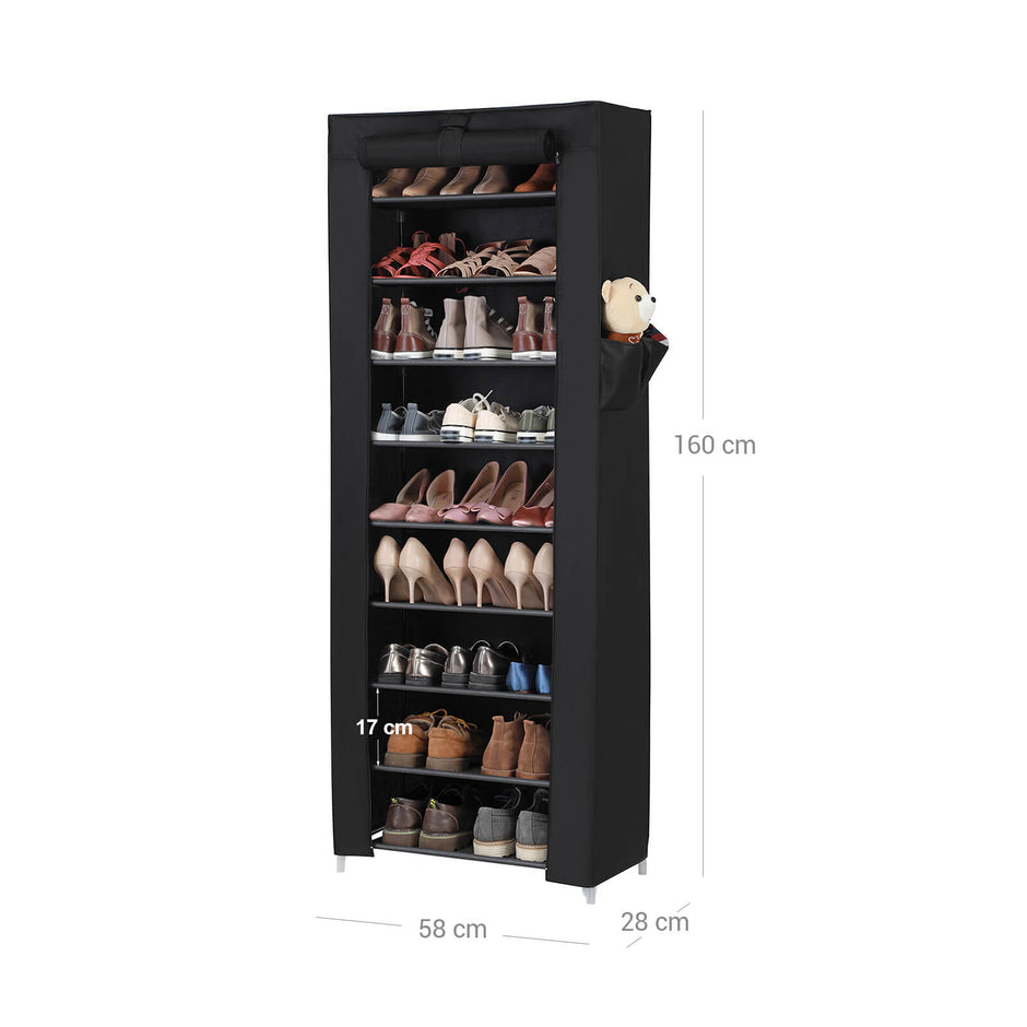Shoe Rack – Fabric and Metal – Black – 10 Tiers for 27 Pairs of Shoes