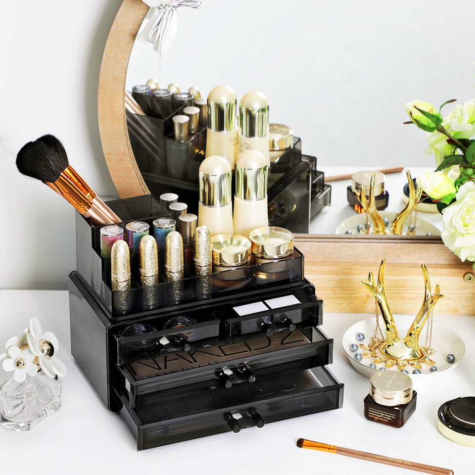 Cosmetic Makeup Storage Organiser – Plastic – Black – 4 Drawers with 11 Compartments