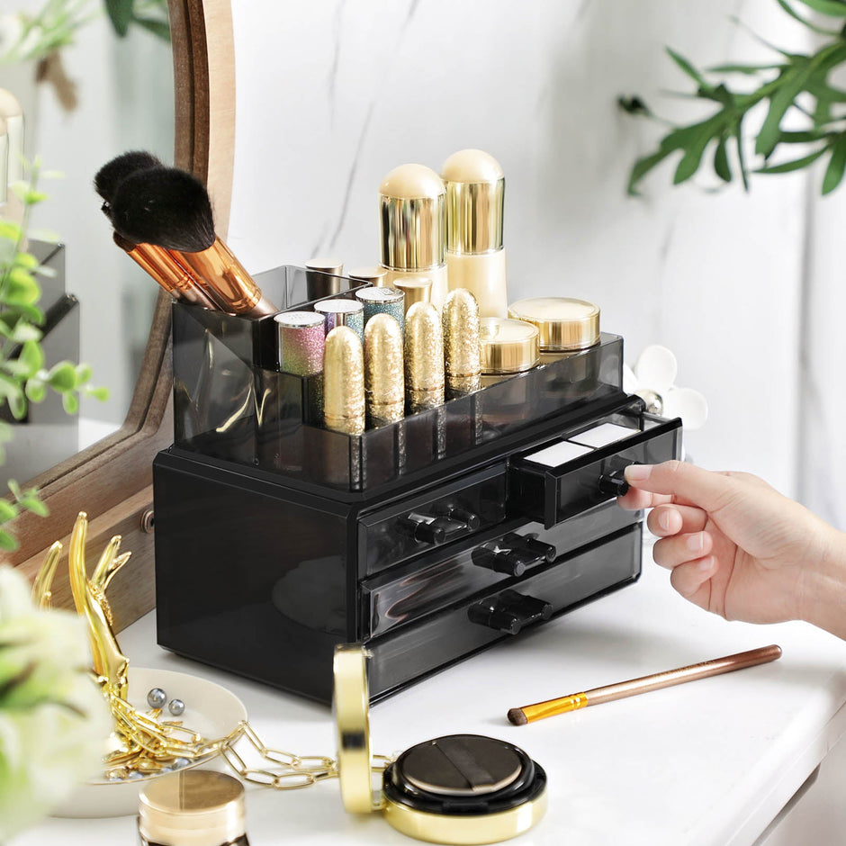 Cosmetic Makeup Storage Organiser – Plastic – Black – 4 Drawers with 11 Compartments