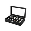 Large Watch Box – PU – Black – 12 Compartments with Glass Lid and Velvet Lining