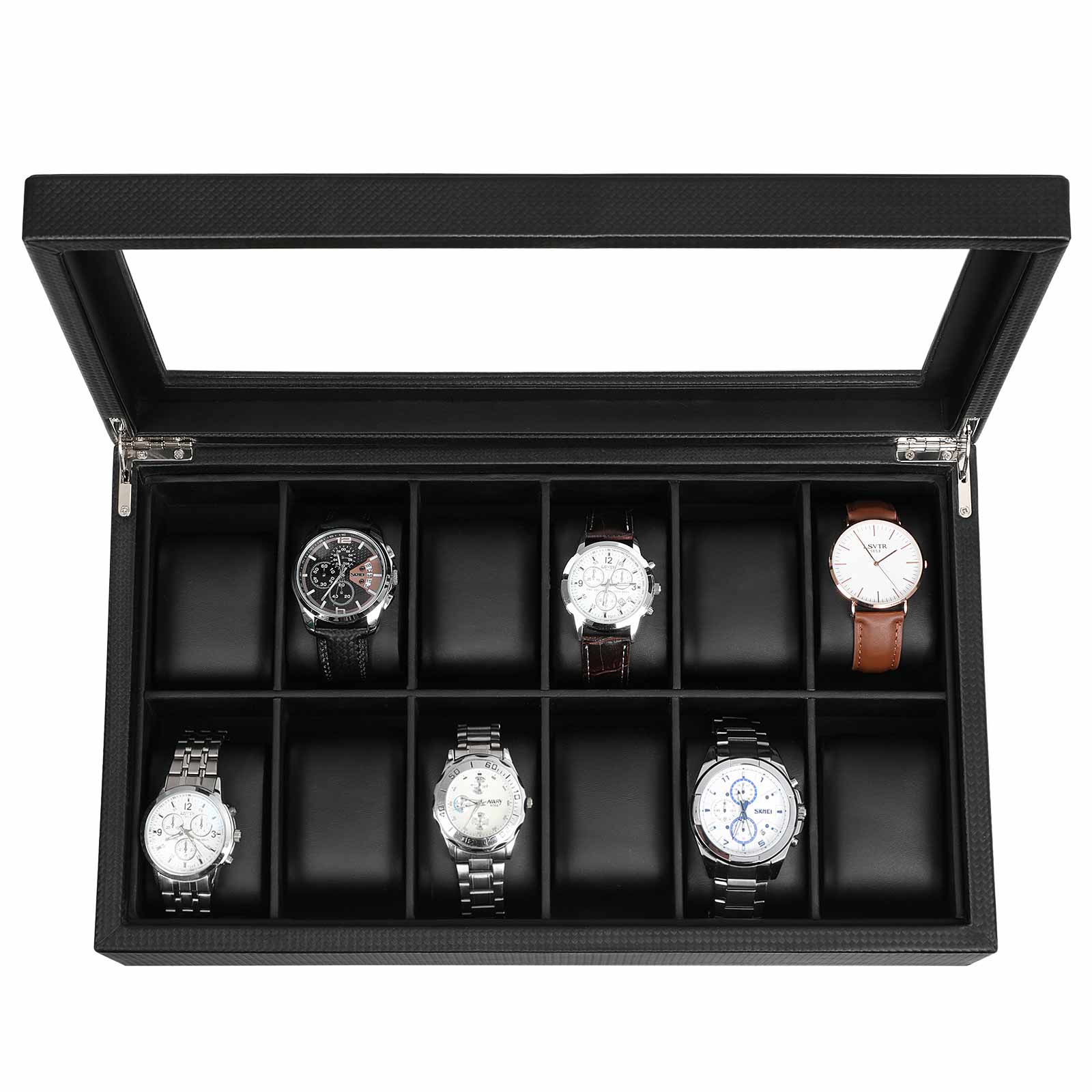 Large Watch Box – PU – Black – 12 Compartments with Glass Lid and Velvet Lining
