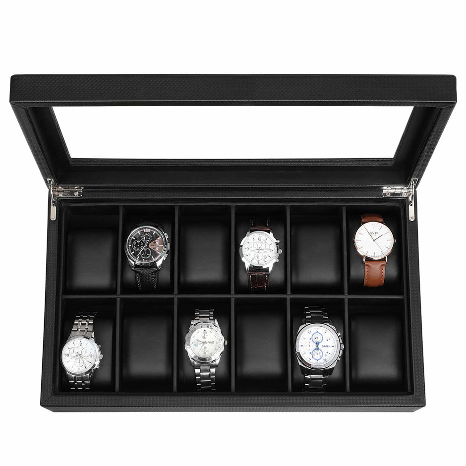 Large Watch Box – PU – Black – 12 Compartments with Glass Lid and Velvet Lining
