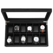 Large Watch Box – PU – Black – 12 Compartments with Glass Lid and Velvet Lining