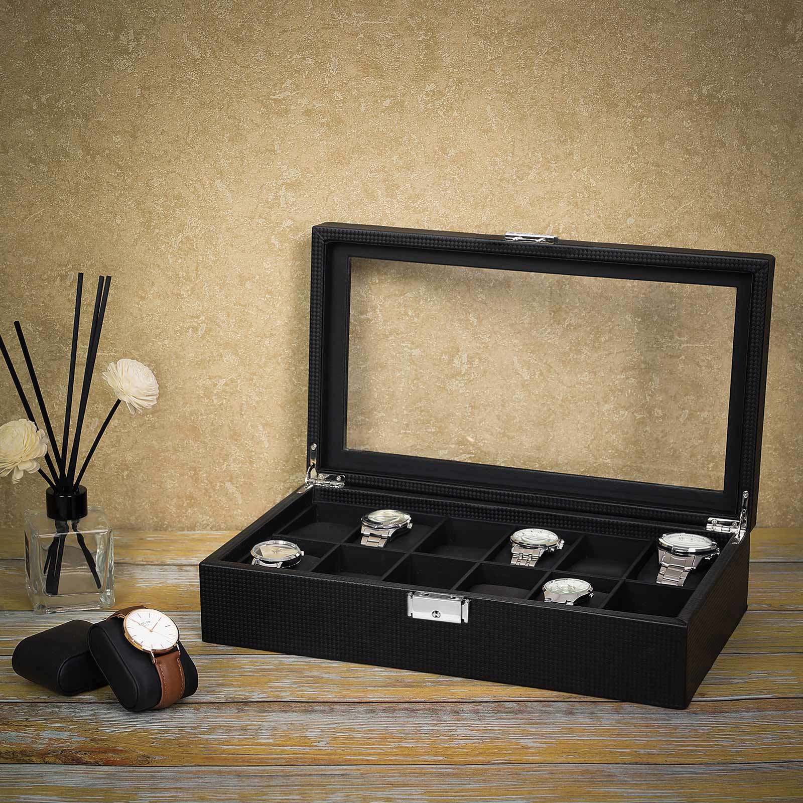 Large Watch Box – PU – Black – 12 Compartments with Glass Lid and Velvet Lining