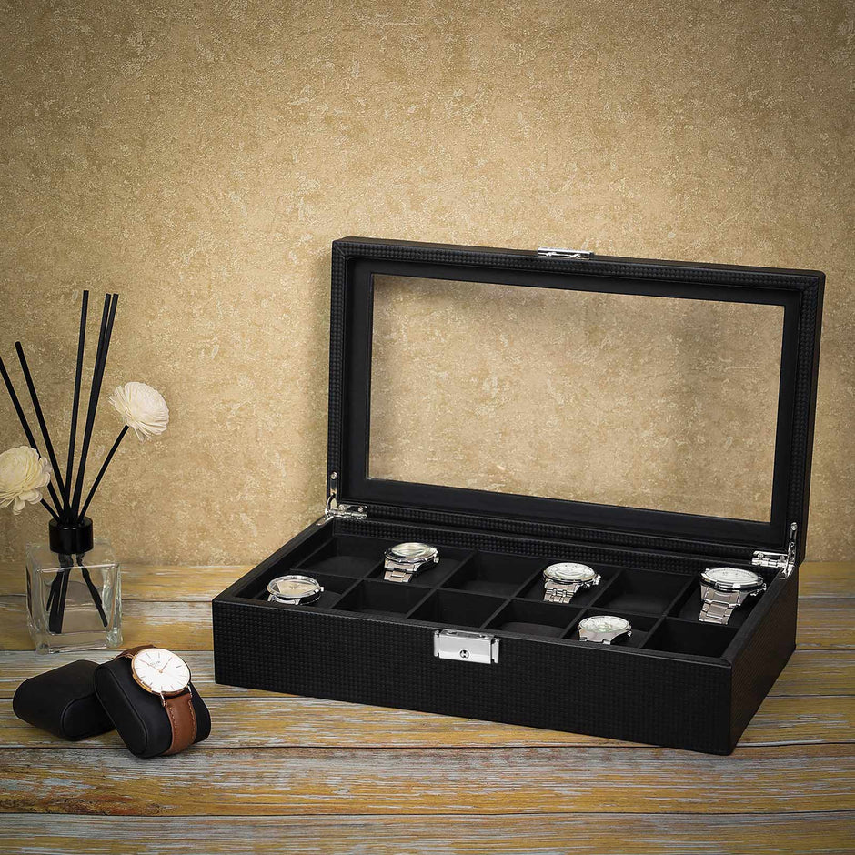 Large Watch Box – PU – Black – 12 Compartments with Glass Lid and Velvet Lining